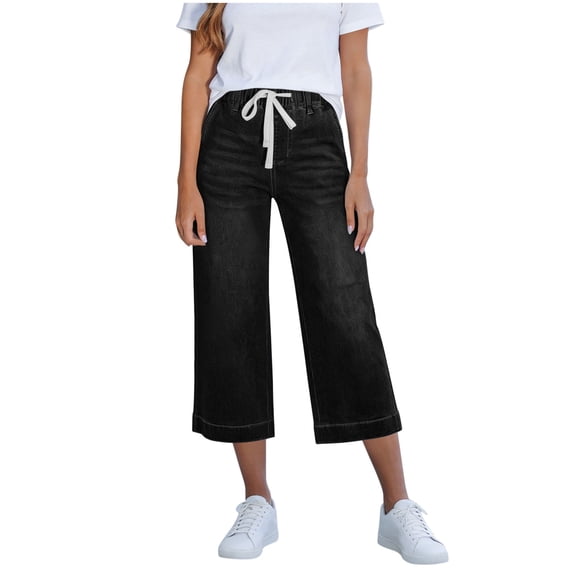 Cropped Jeans for Women , High Waisted Drawstring Stretch Capri Jeans, Pull On Wide Leg Denim Pants, Tummy Control 3/4 Length Denim Trousers with Pockets for Everyday Wear