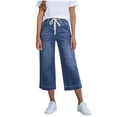 thumbnail image 1 of Cropped Jeans for Women , High Waisted Drawstring Stretch Capri Jeans, Pull On Wide Leg Denim Pants, Tummy Control 3/4 Length Denim Trousers with Pockets for Everyday Wear, 1 of 5