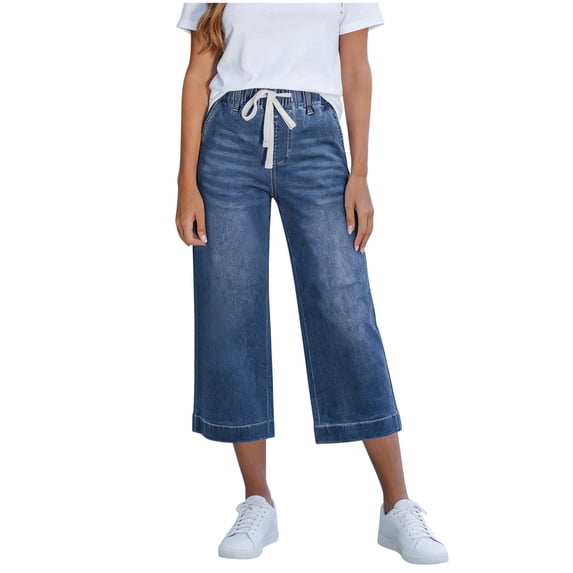 Cropped Jeans for Women , High Waisted Drawstring Stretch Capri Jeans, Pull On Wide Leg Denim Pants, Tummy Control 3/4 Length Denim Trousers with Pockets for Everyday Wear