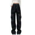 thumbnail image 1 of Cropped Jeans Women's Casual Mid Waist Cargo Jeans Stretch Wide Leg Denim Pants with Pockets Wide Leg Jeans Woman S-16 Black XXL, 1 of 3
