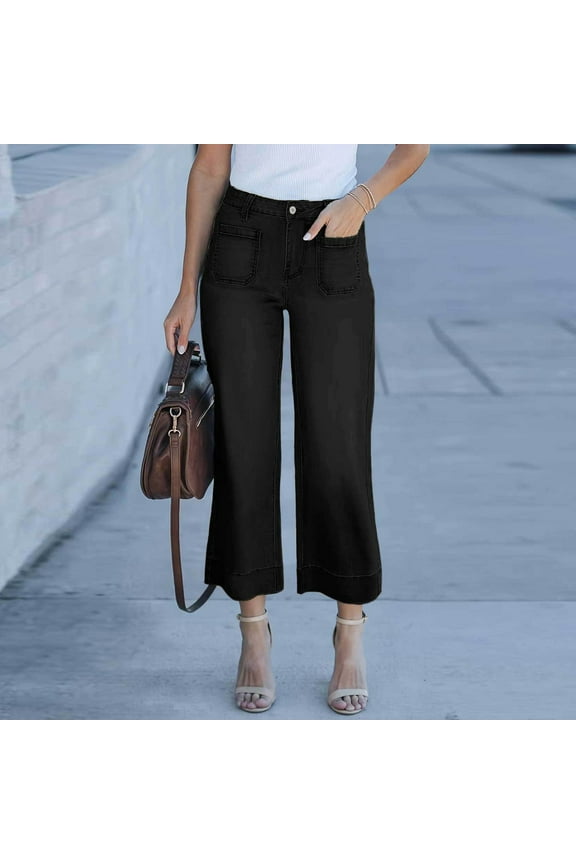 Cropped Jeans for Women Plus Size High Waisted Cargo Jeans Wide Leg Denim Pants Classic Fit Stretchy Denim Pants Fall 2025