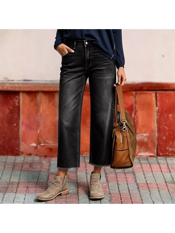 Cropped Jeans for Women Summer Frayed Hem Straight Ankle Jeans Stretchy High Waisted Baggy Boyfriend Denim Capris