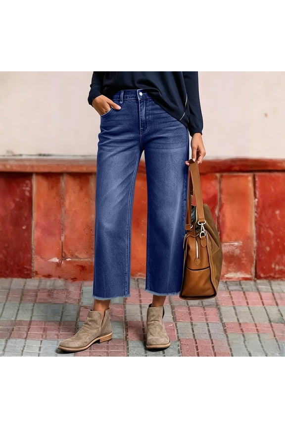 Cropped Jeans for Women Summer Frayed Hem Straight Ankle Jeans Stretchy High Waisted Baggy Boyfriend Denim Capris