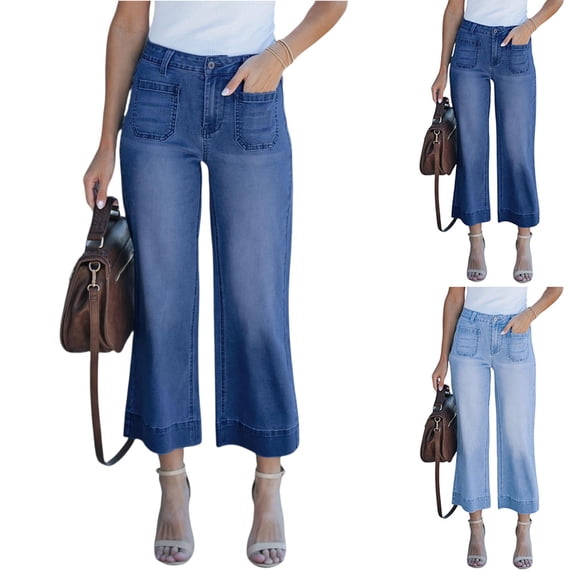 Cropped Jeans for Women Trendy 2026 Wide Leg High Waisted Patch Pocket Stretchy Denim Pants Short Trouser Jeans Blue S