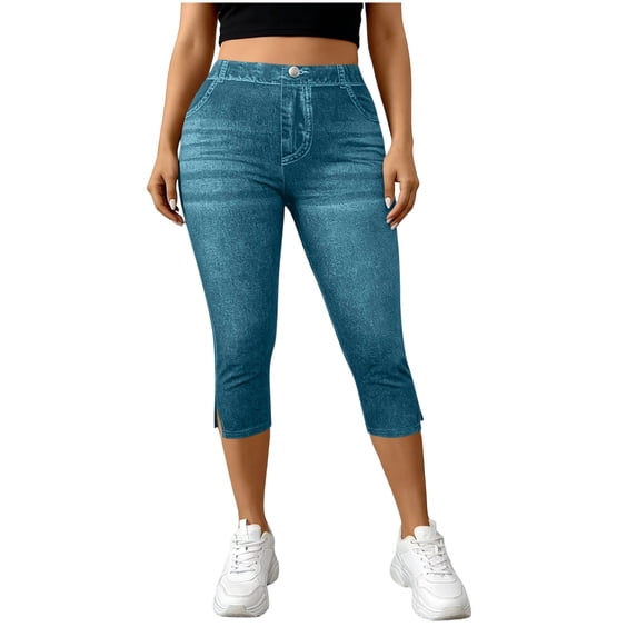 Cropped Jeggings for Women , Ladies Stretchy Capri Jeans Side Slit Faux Denim Legging 3/4 Length Denim Trousers Pull On High Waist Jeans Summer Comfort Skinny Jegging with Fake Pocket