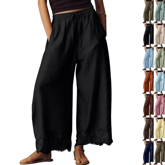 Cropped Lace Hem Wid Leg Pants for Women Summer High Waist Drawstring Balloon Lightweight Beach Trousers with Pockets Black S