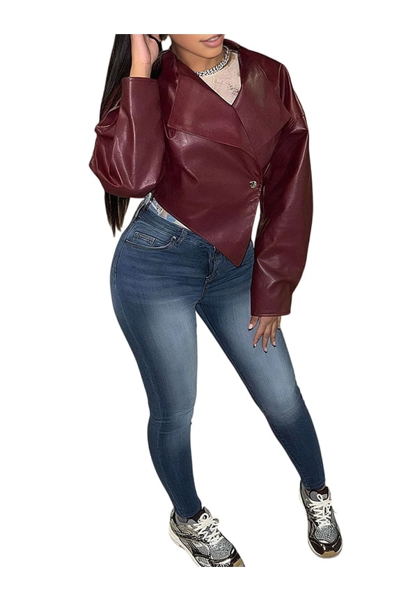 Cropped Leather Jacket Women Faux PU Irregular Hem Lapel Long Sleeve Burgundy Wine Red S
