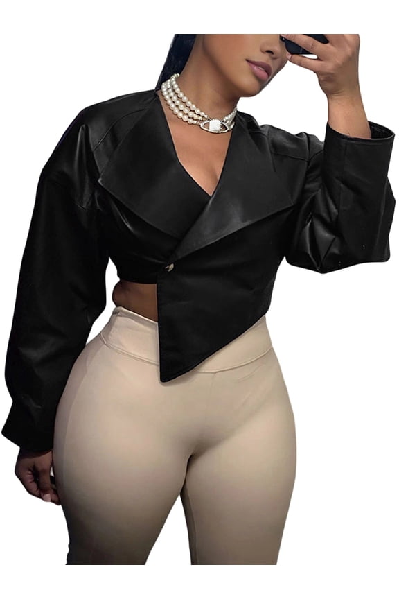 Cropped Leather Jacket Women Faux PU Irregular Hem Lapel Long Sleeve Burgundy