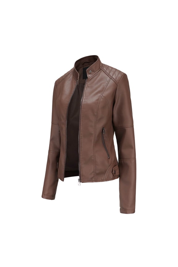 Cropped Leather Jacket Women Slim Stand-Up Collar Zipper Coat Solid Color Open Front Jackets Moto Biker Coat