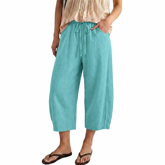 Cropped Linen Barrel Pants for Women Drawstring Wide Leg Cotton Capris 2026 Casual Summer Boho Baggy Palazzo Trouser Mint Green M