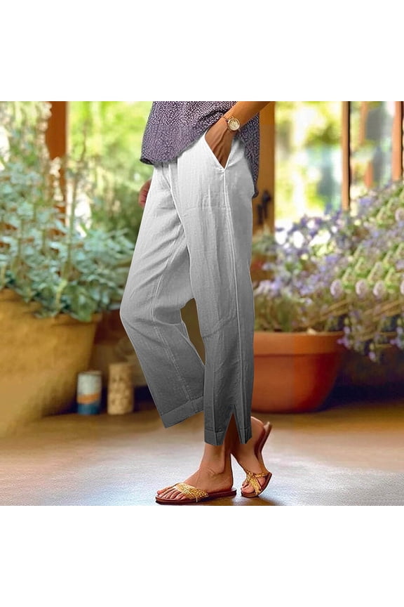 Cropped Linen Pants Women 2026 Summer Loose Fit Casual Gauze Pant Elastic Waist Capri Beach Trouser with Pockets, 2026 New Limited Time Offer
