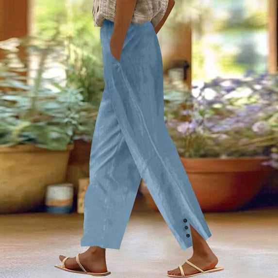 Cropped Linen Pants Women 2026 Summer Loose Fit Casual Gauze Pant Elastic Waist Capri Beach Trouser with Pockets Blue L