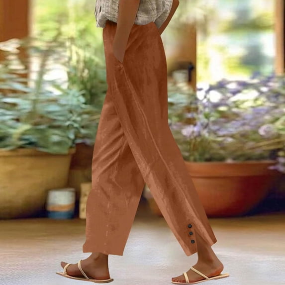 Cropped Linen Pants Women 2026 Summer Loose Fit Casual Gauze Pant Elastic Waist Capri Beach Trouser with Pockets Brown 2XL