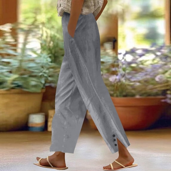 Cropped Linen Pants Women 2026 Summer Loose Fit Casual Gauze Pant Elastic Waist Capri Beach Trouser with Pockets Gray XL