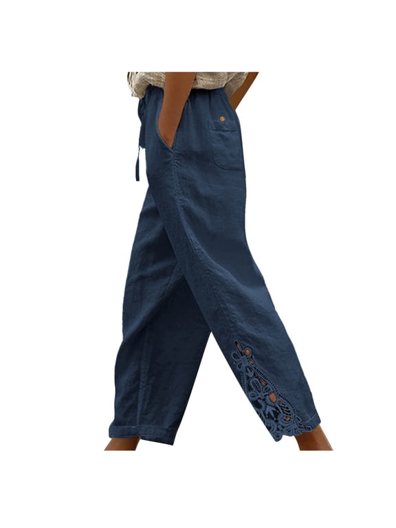 Cropped Linen Pants Women Elastic High Waist Lace Trim Casual Travel Capris for Vacation