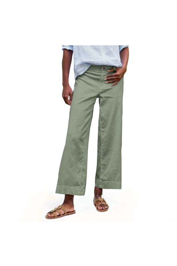 Cropped Linen Pants Women High Waisted Flare Wide Leg Capri Work Pants Business Casual Ankle Pants with Pockets, 2806 Limited Time