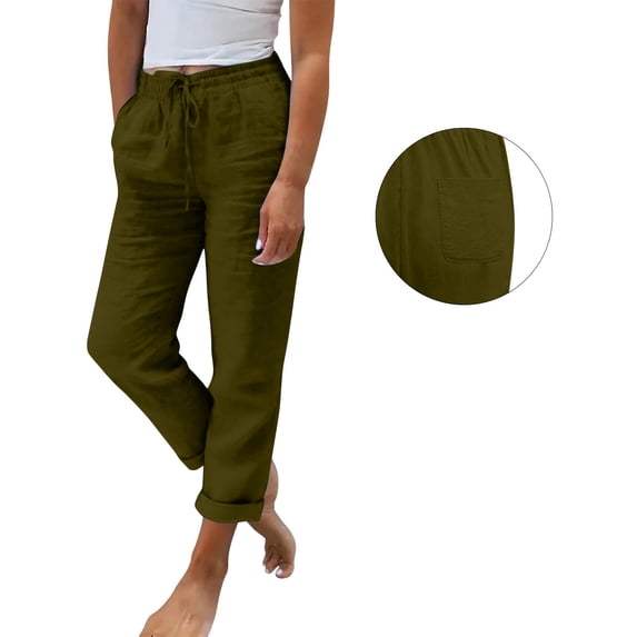 Cropped Linen Pants Women Petite Summer Casual Lightweight Ankle Length Loose Fit Straight Leg Trousers with Pockets 4XL