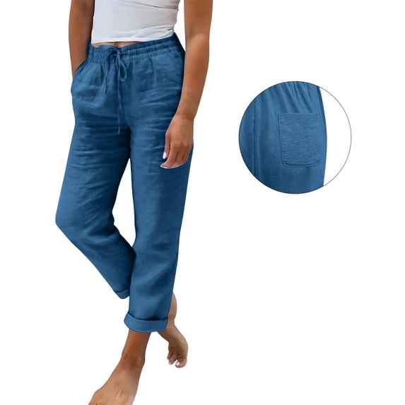 Cropped Linen Pants Women Petite Summer Casual Lightweight Ankle Length Loose Fit Straight Leg Trousers with Pockets XL
