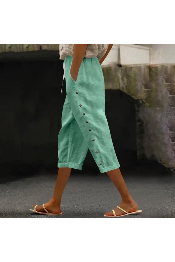 Cropped Linen Pants Women Summer Cotton Linen Cropped Pants Women Tapered Capris Lightweight Beach Travel Pants with Pockets Mint Green M
