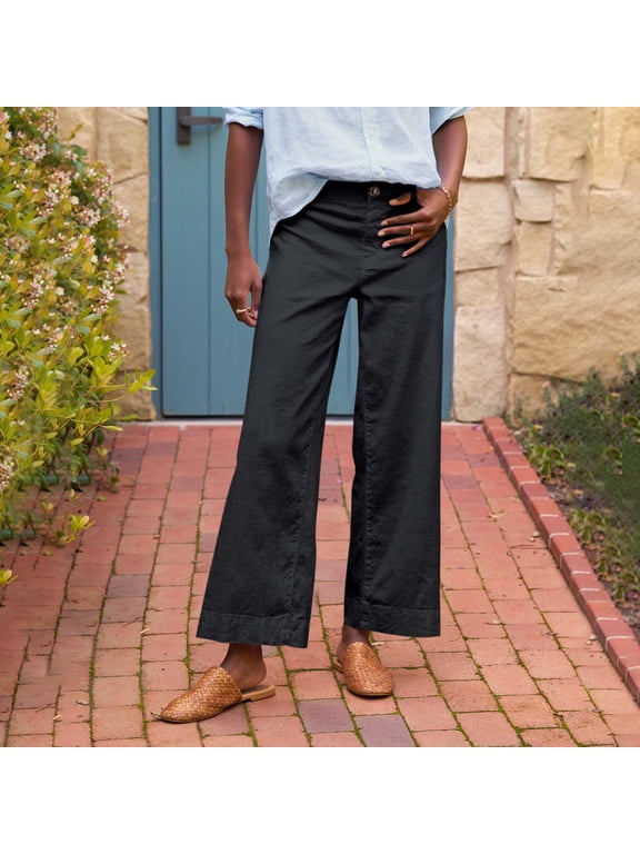 Cropped Linen Pants Women Summer Flare Wide Leg Pants High Waisted Work Pants Business Casual Bootcut Capri Pants Black M