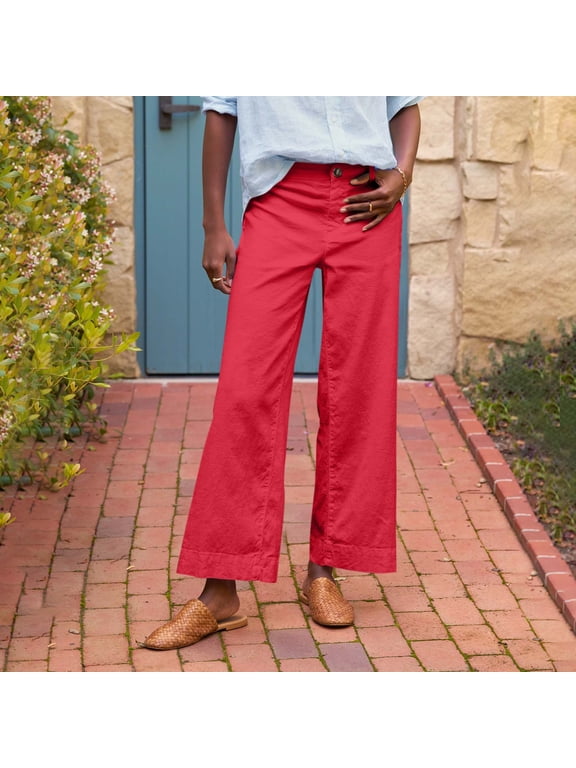 Cropped Linen Pants Women Summer Flare Wide Leg Pants High Waisted Work Pants Business Casual Bootcut Capri Pants Red L