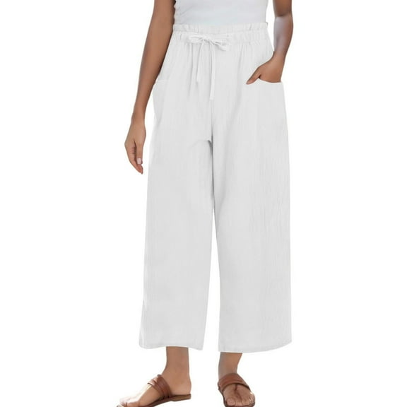 Cropped Linen Pants for Women High Waisted Wide Leg Beach Trousers with Tie Belt & Pockets (Elastic Waist Lightweight Summer Vacation Pants)