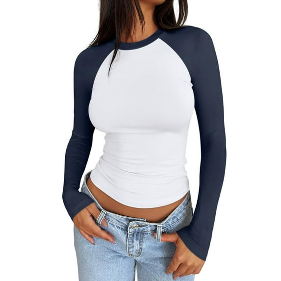 Cropped Long Sleeve Tops For Women Tight Layering Basic Tee Fashion V Neck Slim Fitted Tops Y2k Teen Girls Juniors Tight Shirt Navy XL