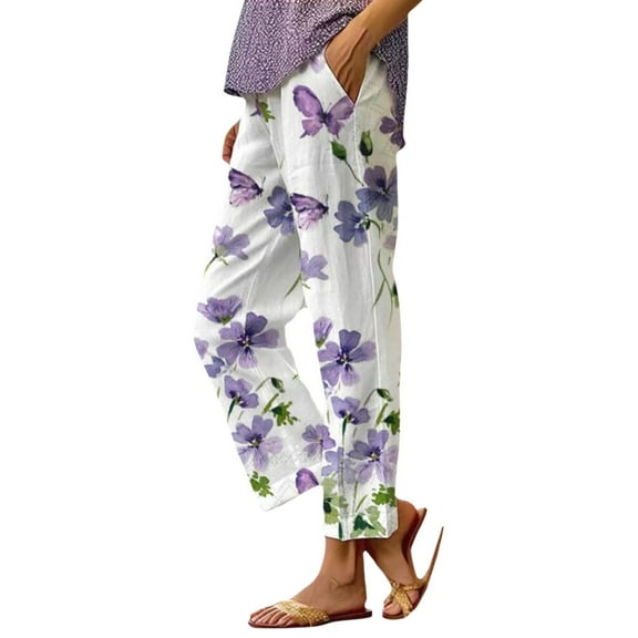 Cropped Pants For Women Capri Pants Casual Linen Boho Floral Hight Waist Drawstring Loose Floral With Pockets Summer Harem Pants White L