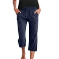 thumbnail image 1 of Cropped Pants For Women Capri Pants Casual Solid Color Linen 3 4 With Pockets Drawstring Waist Summer Harem Pants Navy L, 1 of 5