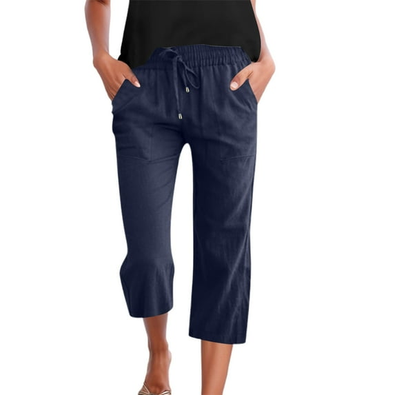 Cropped Pants For Women Capri Pants Casual Solid Color Linen 3 4 With Pockets Drawstring Waist Summer Harem Pants Navy L