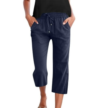 Cropped Pants For Women Capri Pants Casual Solid Color Linen 3 4 With Pockets Drawstring Waist Summer Harem Pants Navy XL