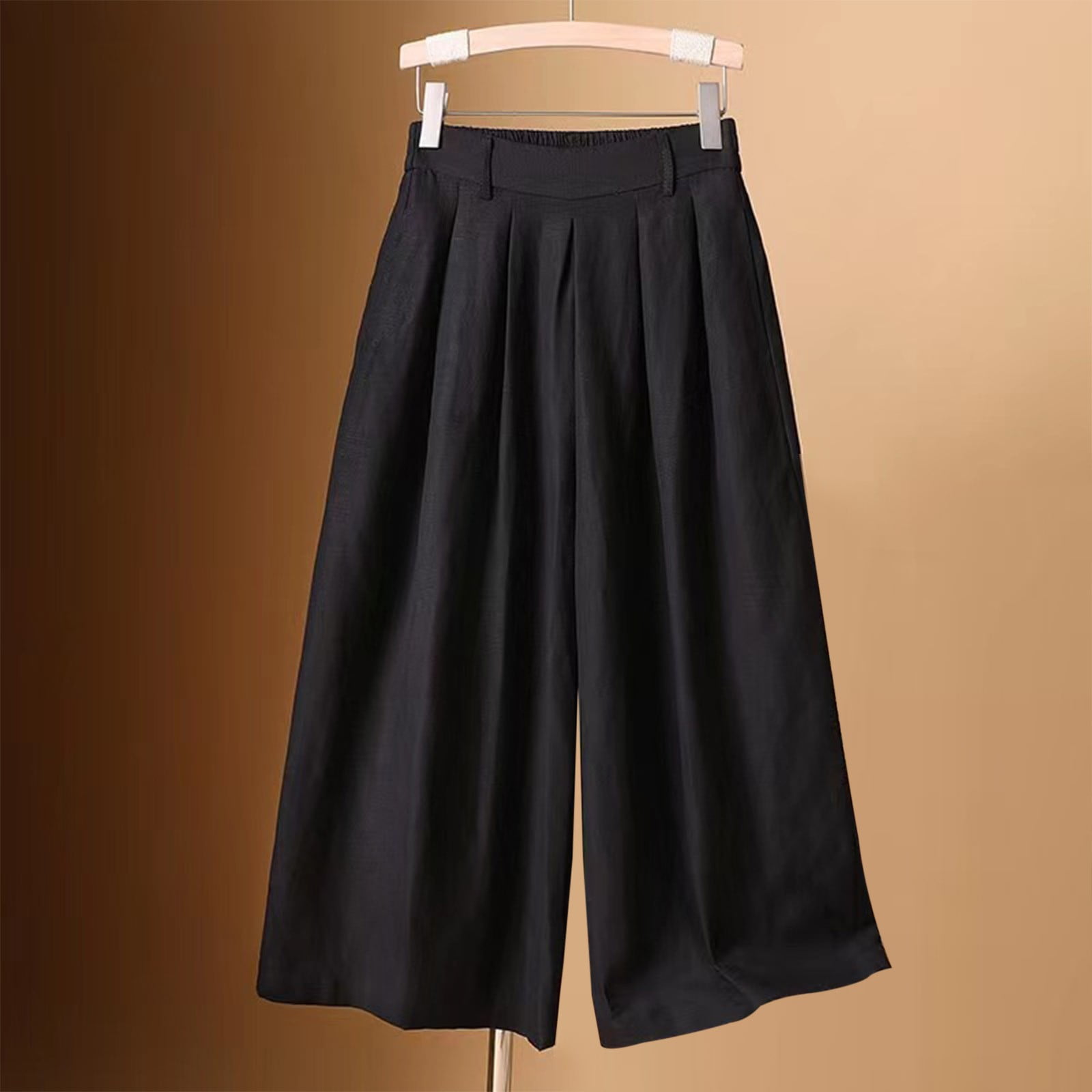 Womens Pants High Waist 3/4 Length Linen Ladies Solid Wide Leg Capri  Trousers
