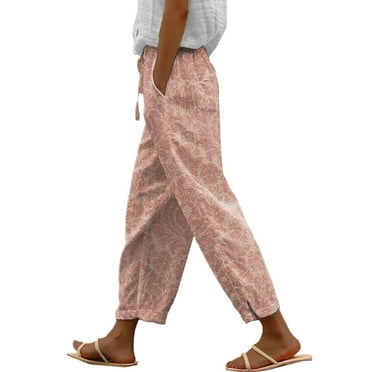 Cropped Pants For Women Capri Pants Casual Spring Light Breathable Large Size Loose Comfortable Long Beach High Waist Pocket Linen Trousers Summer Harem Pants Pink L