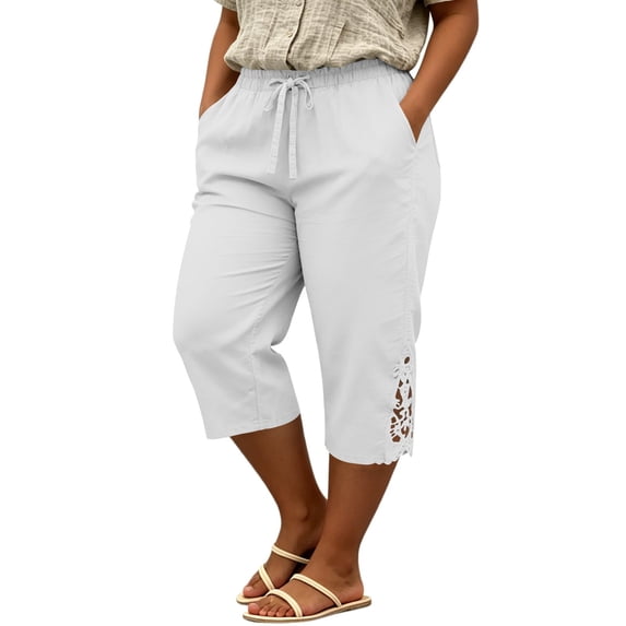 Cropped Pants for Women Plus Size, 3/4 Length Capris with Pockets, Drawstring Elastic High Waist Solid Color Comfy Pants for Travel and Daily | TruHer,Wine 3XL