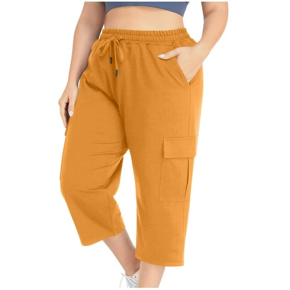 Cropped Pants for Women Solid Color Womens Plus Size Cargo Ankle Length Pants Leisure Style Workwear with Side Pockets Elastic Waisted Daily Outfit Available In Large Size