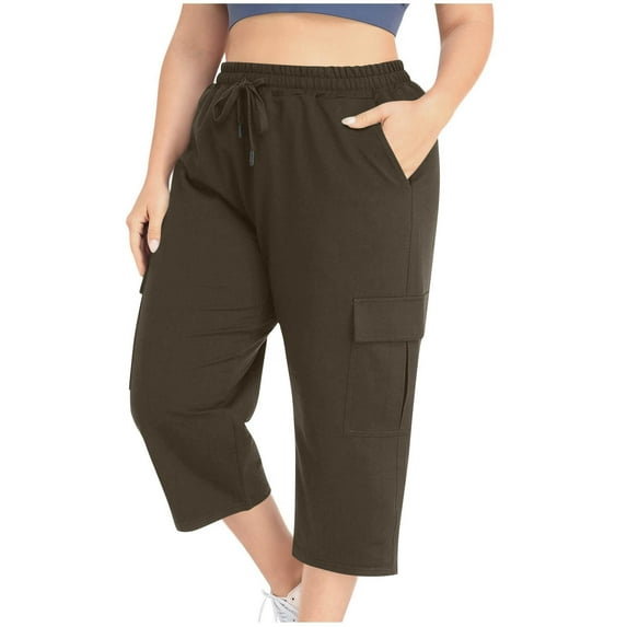 Cropped Pants for Women Solid Color Womens Plus Size Cargo Ankle Length Pants Leisure Style Workwear with Side Pockets Elastic Waisted Daily Outfit Available In Large Size
