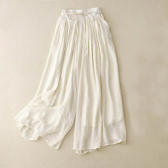 Cropped Pants for Women Wide Leg Pants for Women Casual Solid Loose Comfy Cotton Linen Cropped Pants High Waist Drawstring Pleated Ladies Palazzo Trousers Under $5