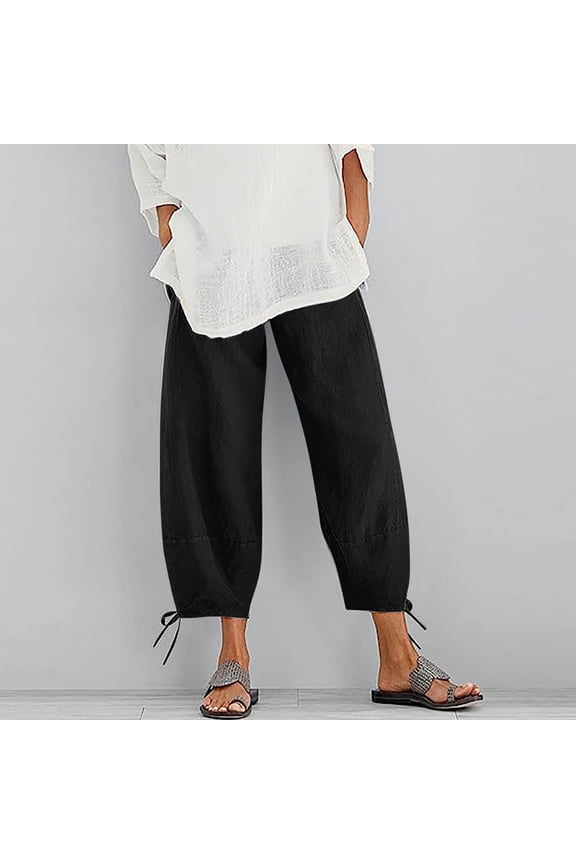 Womens Cropped Pants Womens Cropped Pants Casual Solid Elastic Waist Loose Straight Leg Trousers Fall Lightweight Vintage Cotton Linen Pants with Pocket Fall