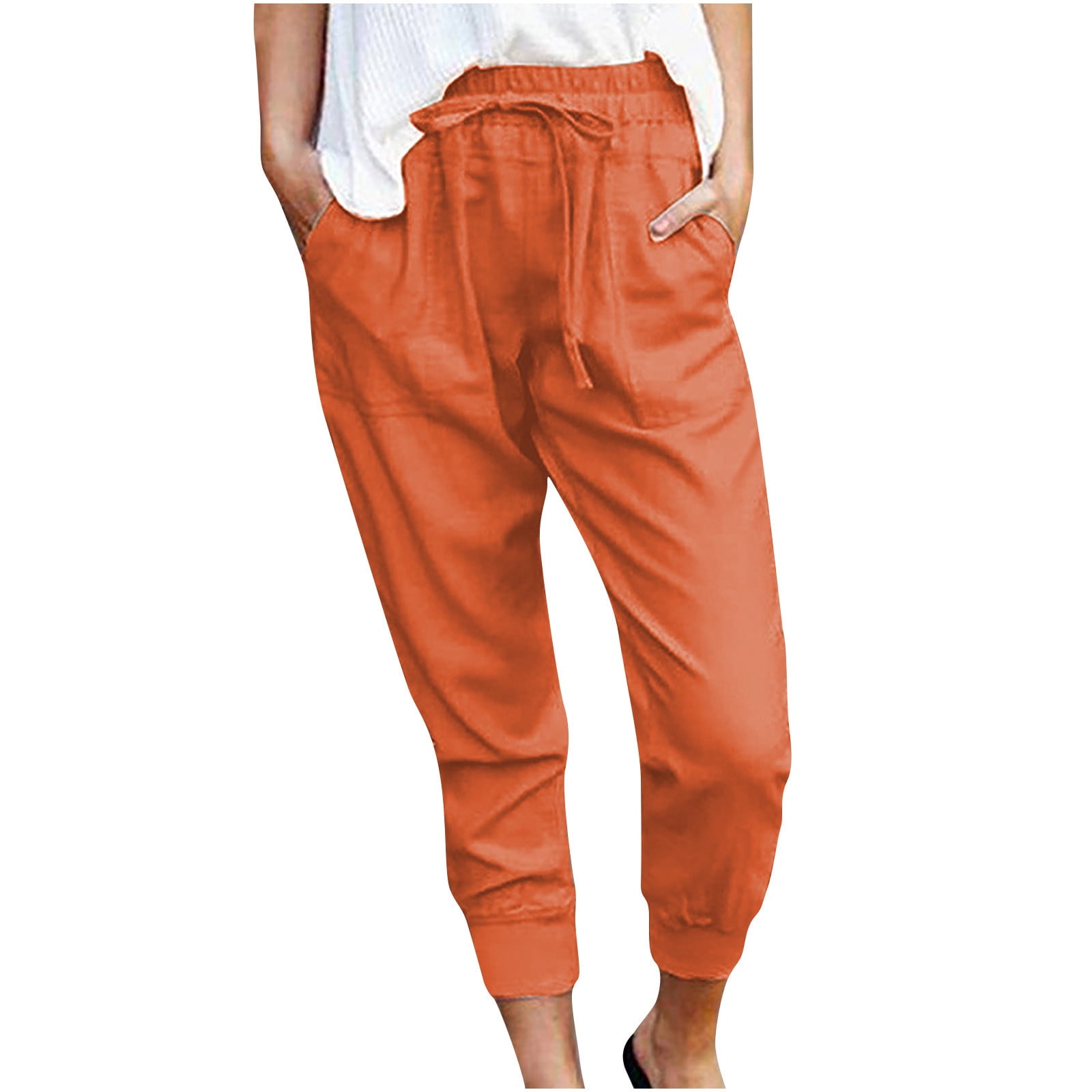 Cropped Pants Womens Capri Sweatpants Straight Leg Tapered Drawstring  Elastic Waist Slim Stretchy Activewear Joggerpants (S, Orange-C)