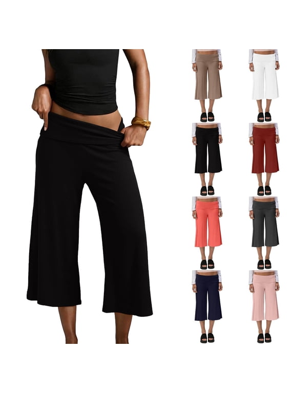 Cropped Pants Womens Casual Wide Leg Low Rise Fold Over Stretch Gaucho Pants for Summer Beach Holiday Streetwear Black 2XL