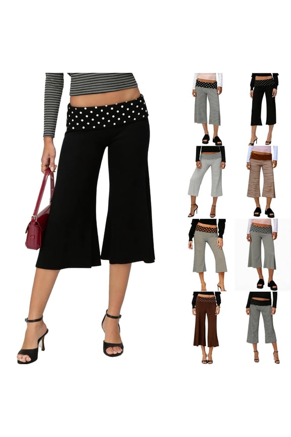 Cropped Pants Womens Casual Wide Leg Low Rise Fold Over Stretch Gaucho Pants for Summer Beach Holiday Streetwear Black 2XL