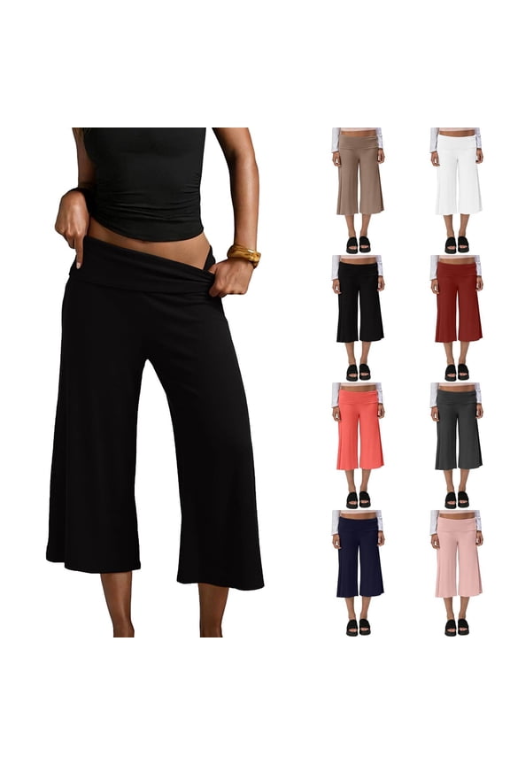 Cropped Pants Womens Casual Wide Leg Low Rise Fold Over Stretch Gaucho Pants for Summer Beach Holiday Streetwear Black S