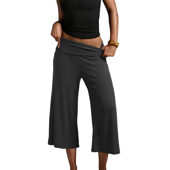 Cropped Pants Womens Casual Wide Leg Low Rise Fold Over Stretch Gaucho Pants for Summer Beach Holiday Streetwear Dark Gray 2XL