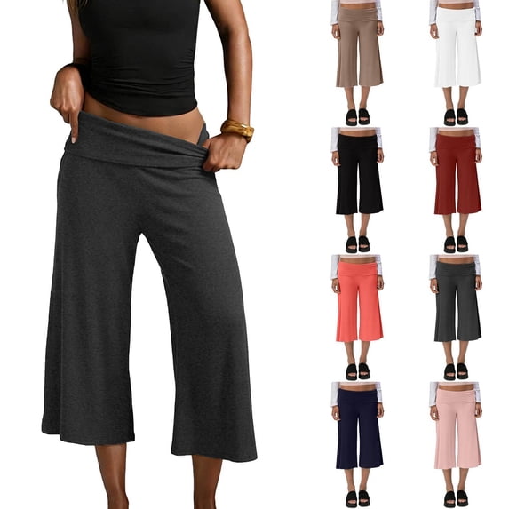 Cropped Pants Womens Casual Wide Leg Low Rise Fold Over Stretch Gaucho Pants for Summer Beach Holiday Streetwear Dark Gray S