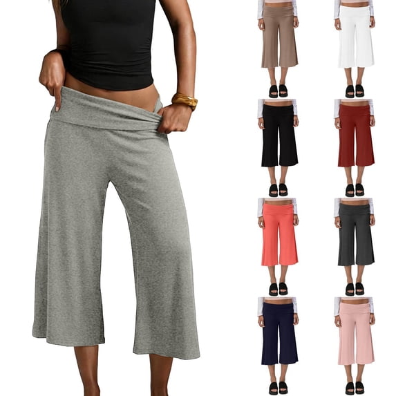 Cropped Pants Womens Casual Wide Leg Low Rise Fold Over Stretch Gaucho Pants for Summer Beach Holiday Streetwear Gray L