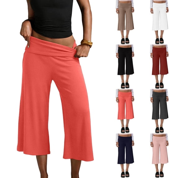 Cropped Pants Womens Casual Wide Leg Low Rise Fold Over Stretch Gaucho Pants for Summer Beach Holiday Streetwear Watermelon Red S