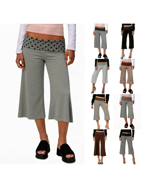 Cropped Pants Womens Casual Wide Leg Low Rise Fold Over Stretch Gaucho Pants for Summer Beach Holiday Streetwear White 2XL