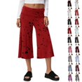 thumbnail image 1 of Cropped Pants Womens Casual Wide Leg Low Rise Fold Over Stretch Gaucho Pants for Summer Sweatpants Beach Holiday Streetwear Deep Red L, 1 of 7