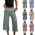 thumbnail image 1 of Cropped Pants Womens Casual Wide Leg Low Rise Fold Over Stretch Gaucho Pants for Summer Sweatpants Beach Holiday Streetwear Green S, 1 of 6