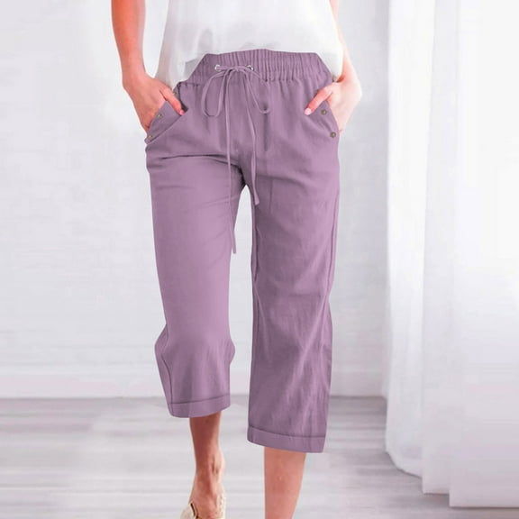 Cropped Pants Womens Fashion Casual Solid Color Cotton Linen Shorts Elastic Loose Pants Straight Wide Leg Trousers with Pocket(Flanged Button Style) Purple L